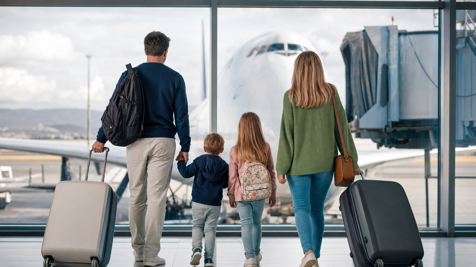 Family boarding a European flight at an airport terminal