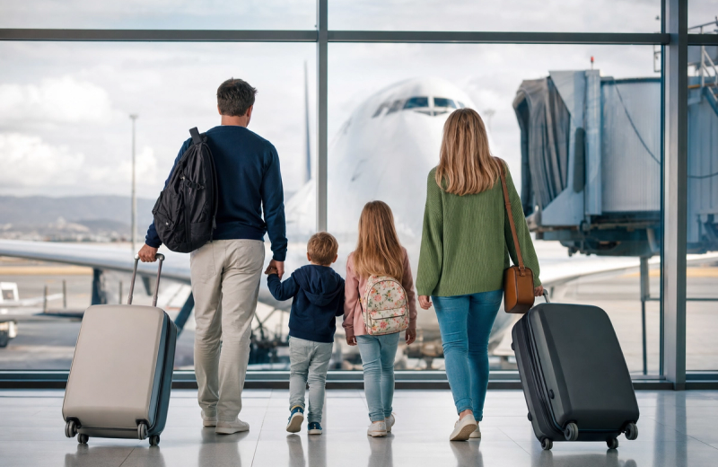 Family boarding a European flight at an airport terminal