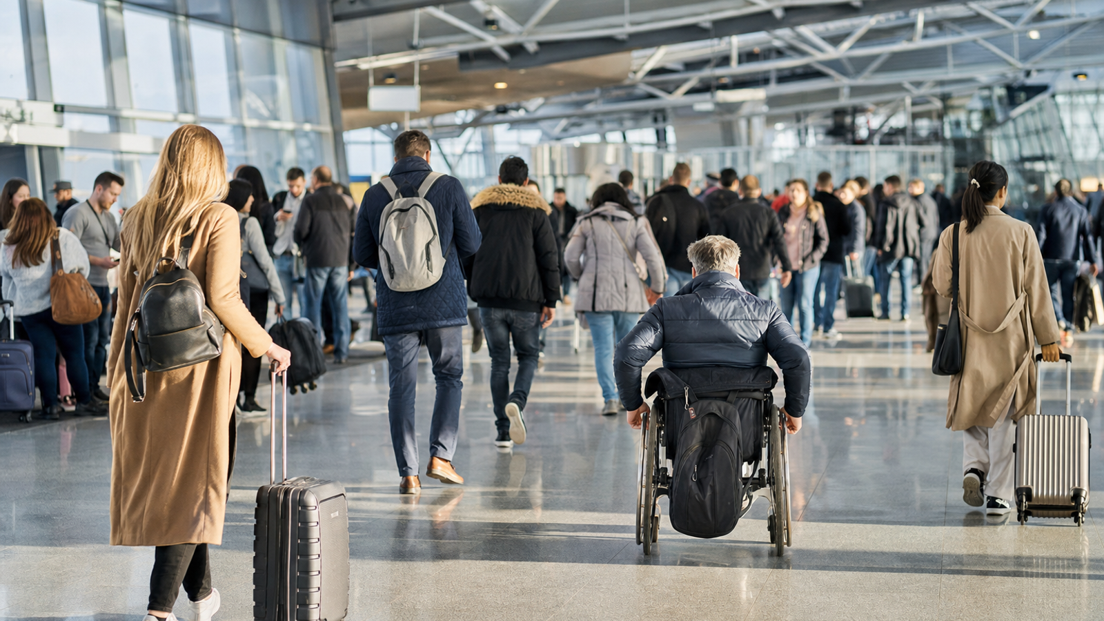 European airport terminal with a wheelchair user
