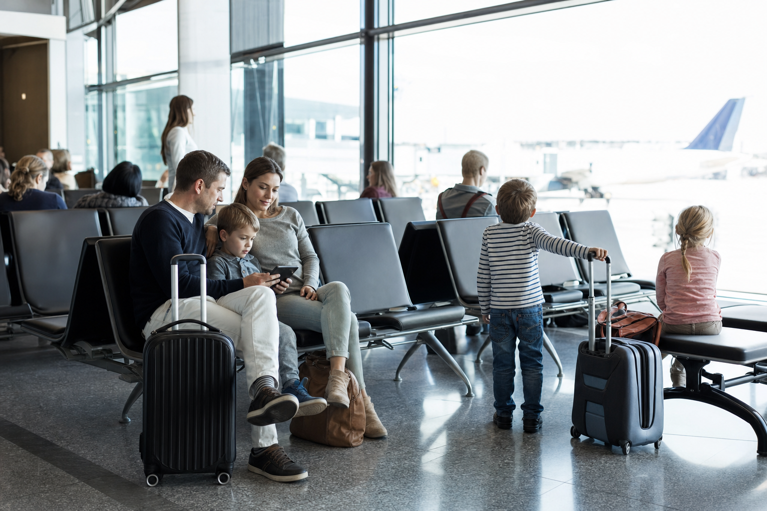 Familie wartet in einem europäischen Flughafenterminal