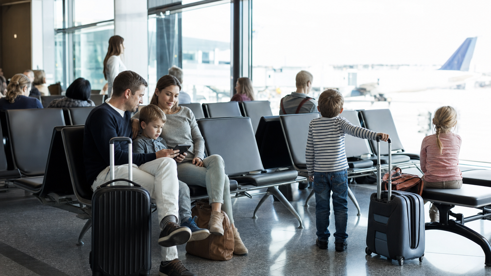 Familie wartet in einem europäischen Flughafenterminal