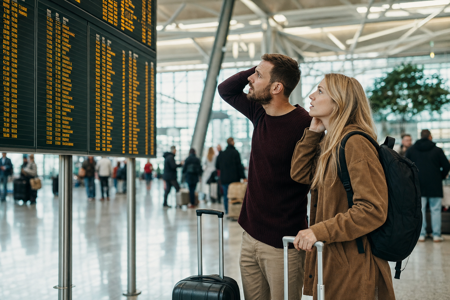 Travelers at a European airport terminal checking flight delays