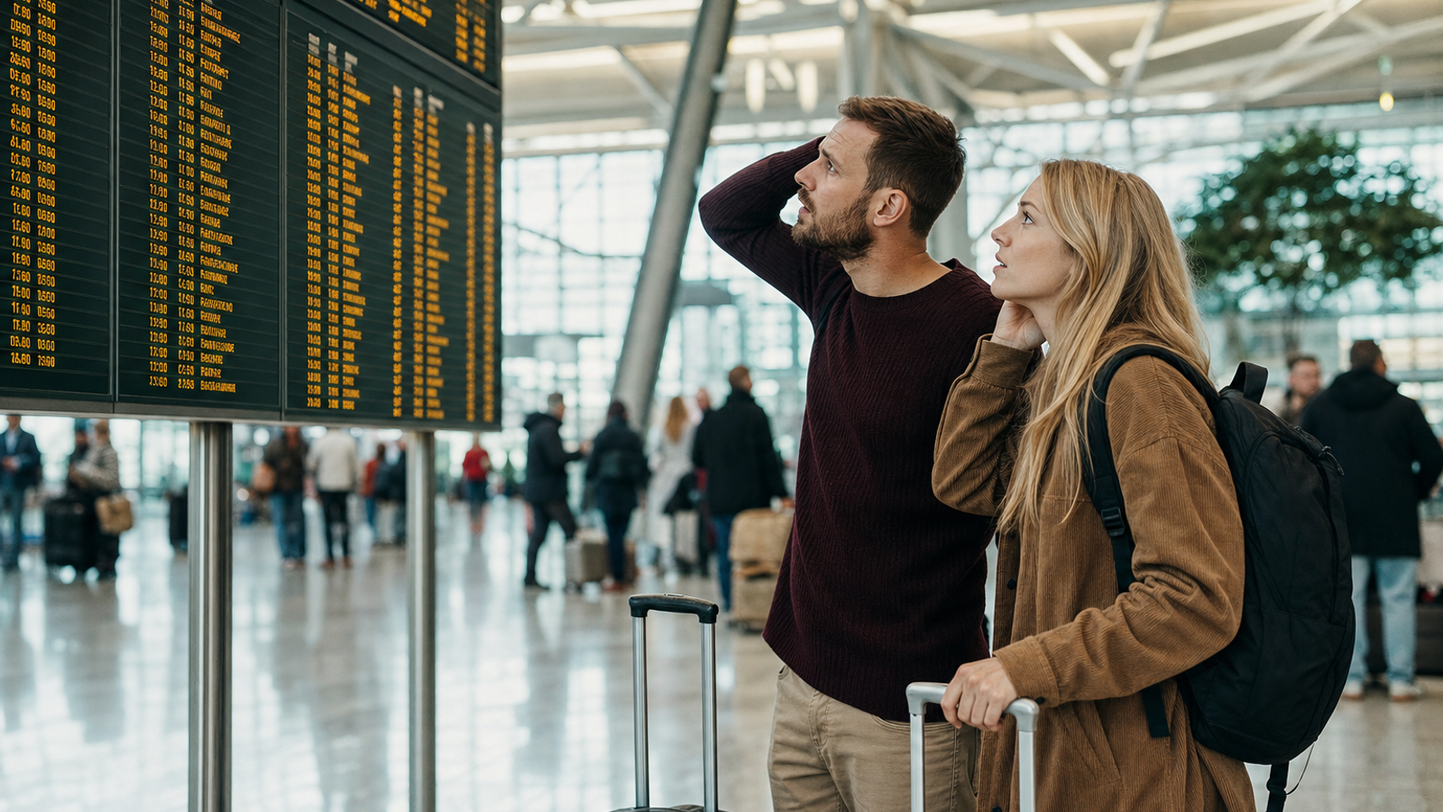 Travelers at a European airport terminal checking flight delays