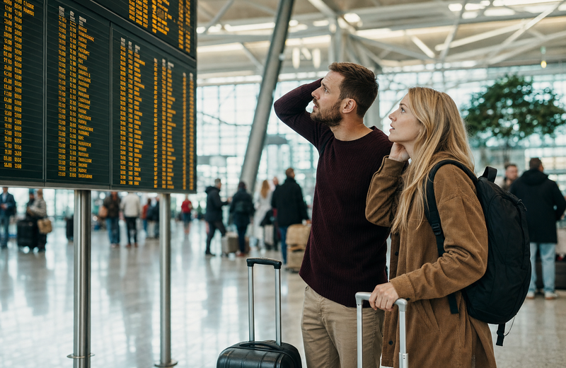 Travelers at a European airport terminal checking flight delays