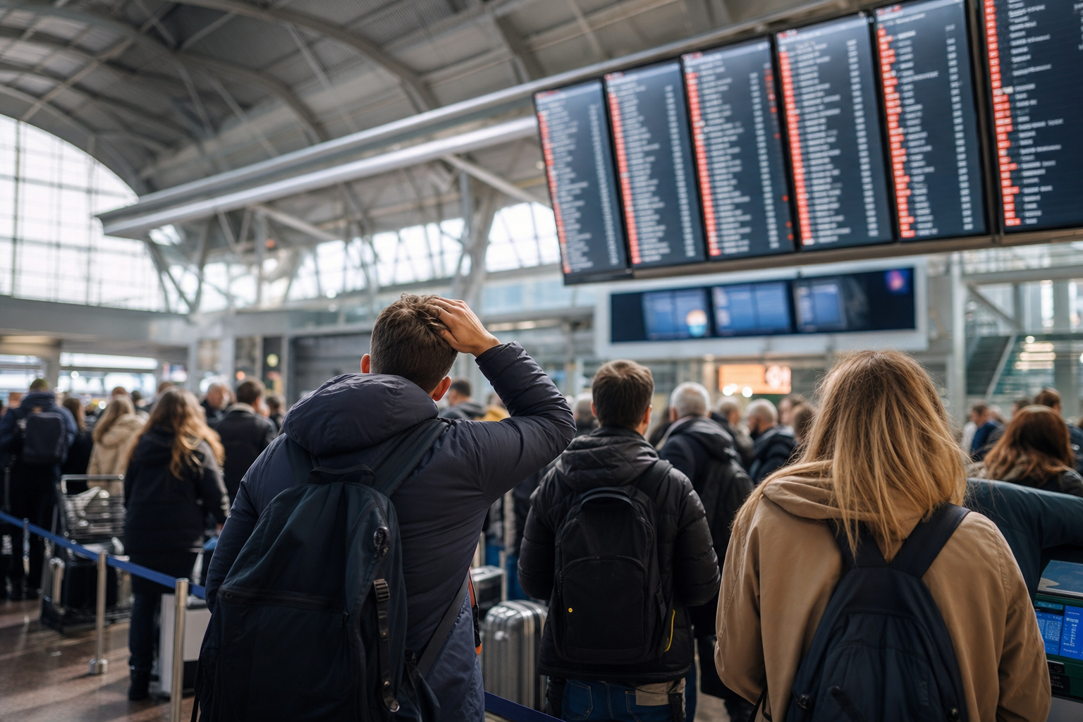 Passengers waiting in a European airport terminal with flight delay screens.