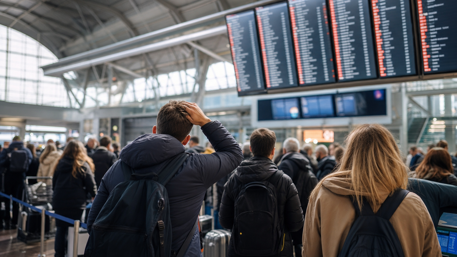 Passengers waiting in a European airport terminal with flight delay screens.