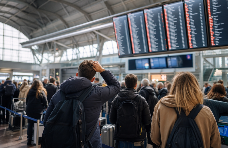 Passengers waiting in a European airport terminal with flight delay screens.