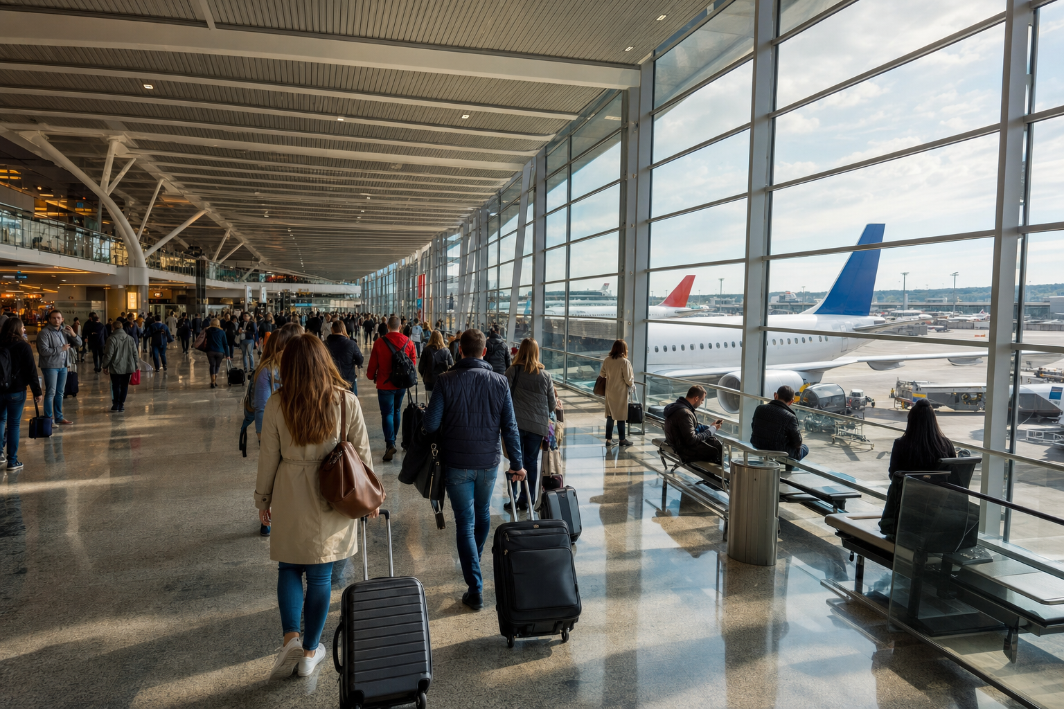 Passengers walking in a busy European airport terminal with airplanes outside.