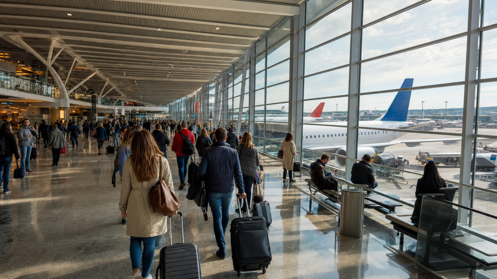 Passengers walking in a busy European airport terminal with airplanes outside.