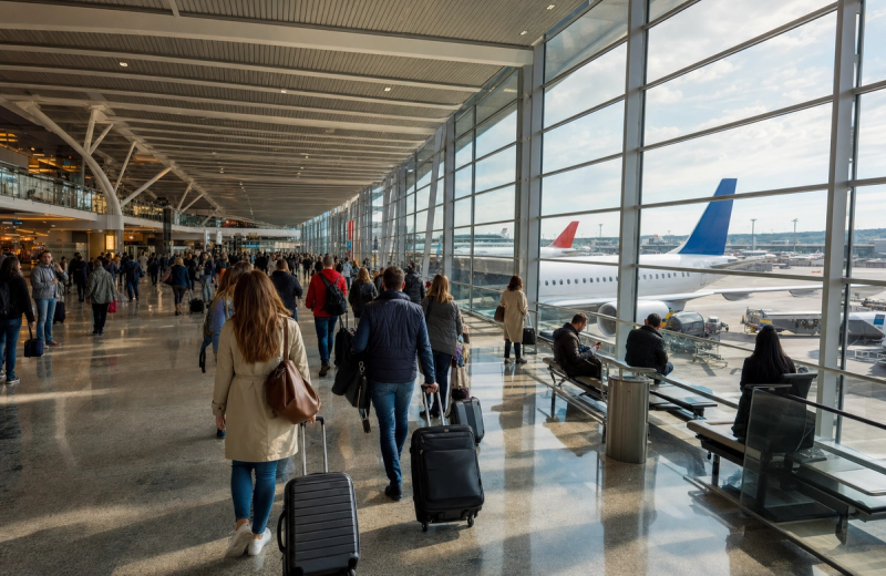 Passengers walking in a busy European airport terminal with airplanes outside.