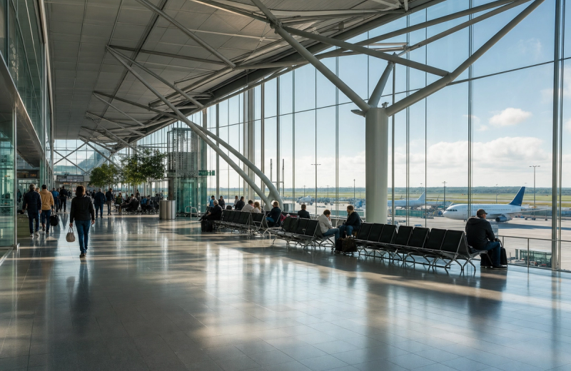 European airport terminal scene