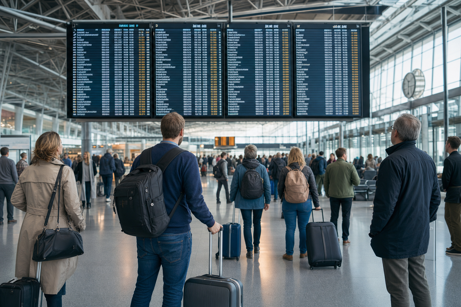 Passengers in a European airport terminal checking flight information.