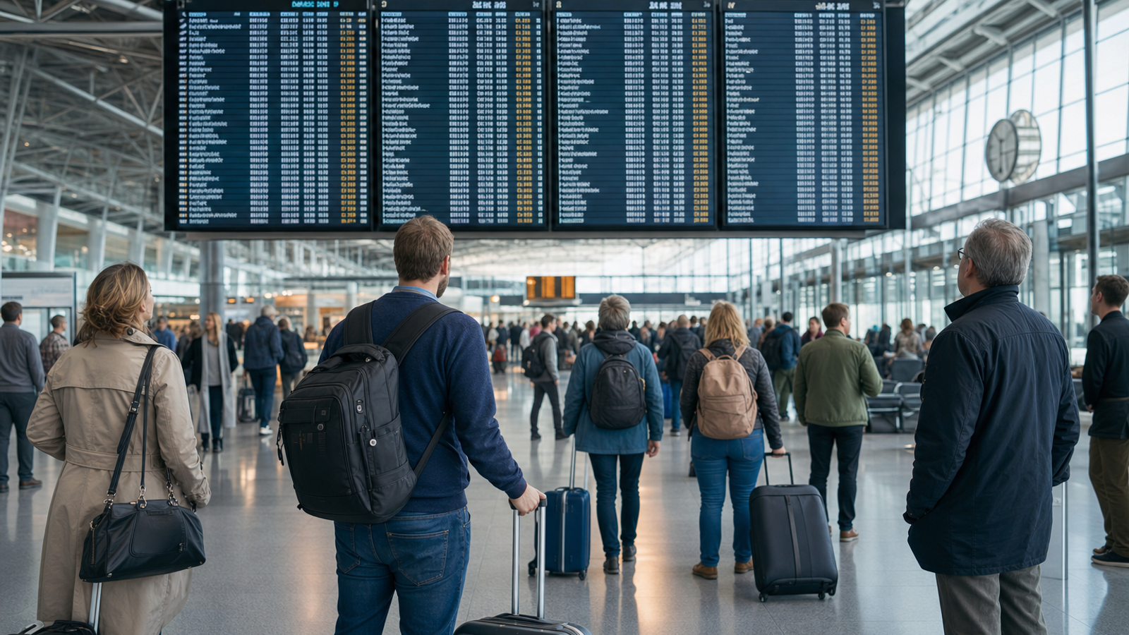 Passengers in a European airport terminal checking flight information.