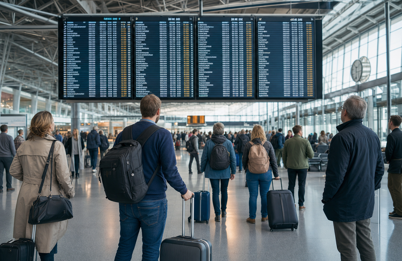 Passengers in a European airport terminal checking flight information.