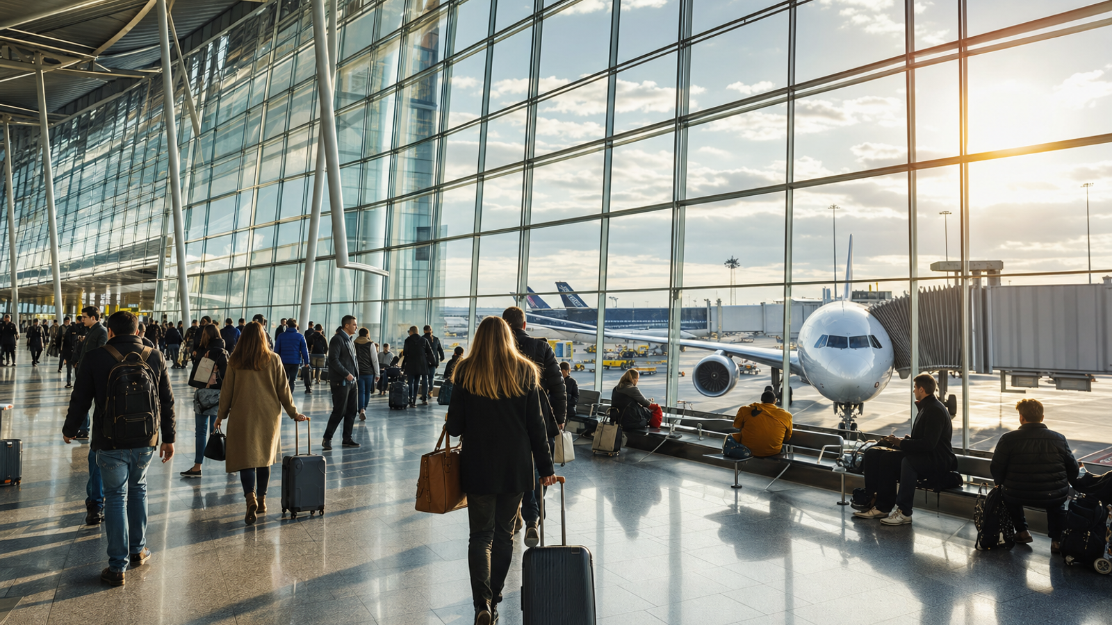 Terminal d'aéroport européen avec des passagers