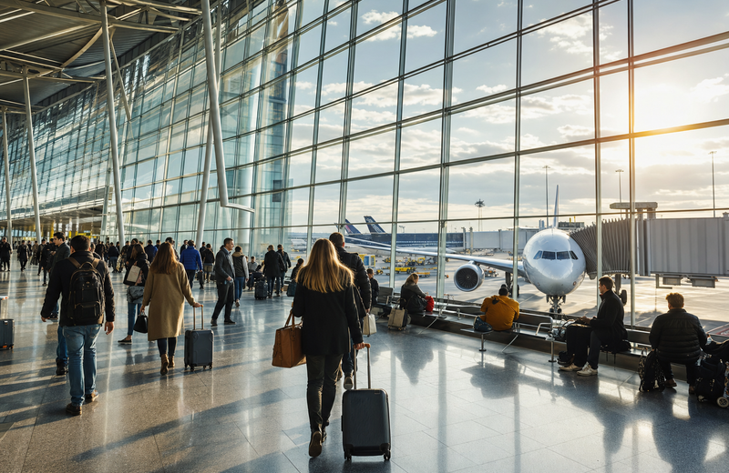 European airport terminal with passengers