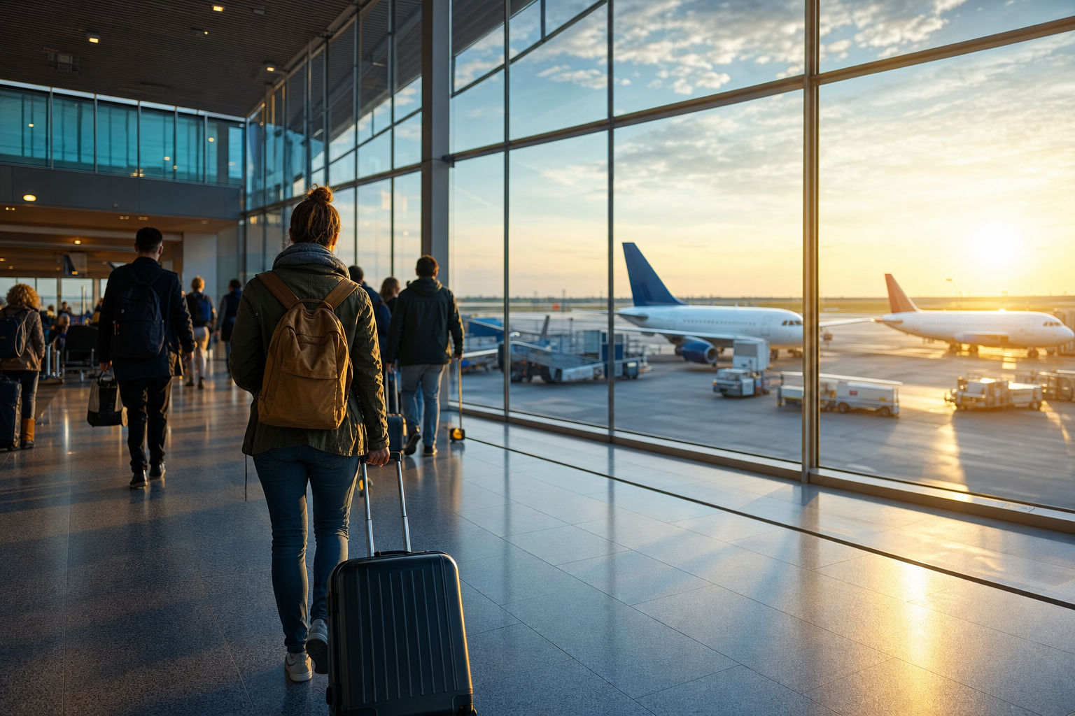Passengers waiting in a European airport terminal