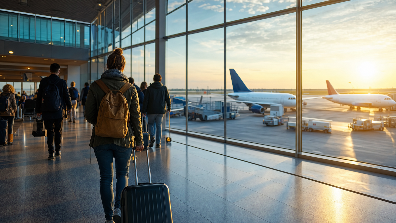 Passengers waiting in a European airport terminal
