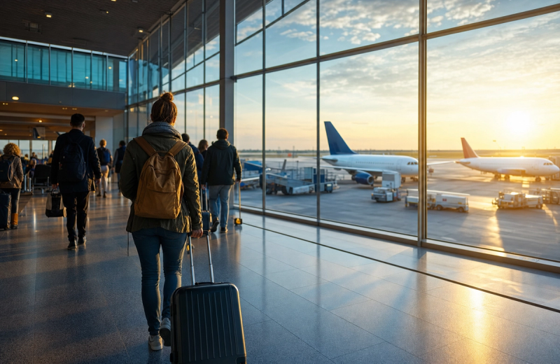 Passengers waiting in a European airport terminal