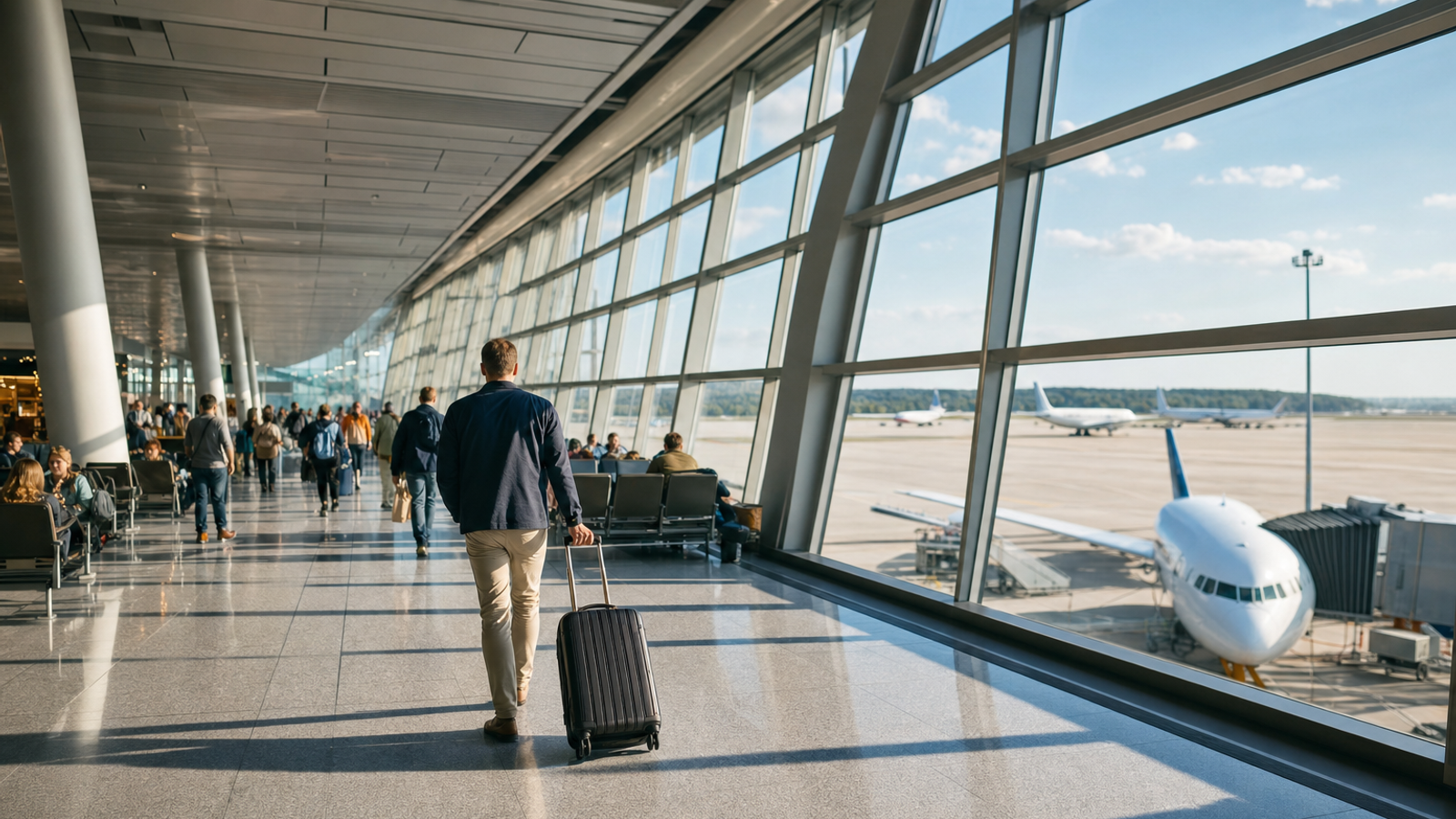 Passengers in a bustling European airport terminal