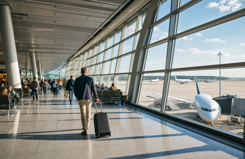 Passengers in a bustling European airport terminal