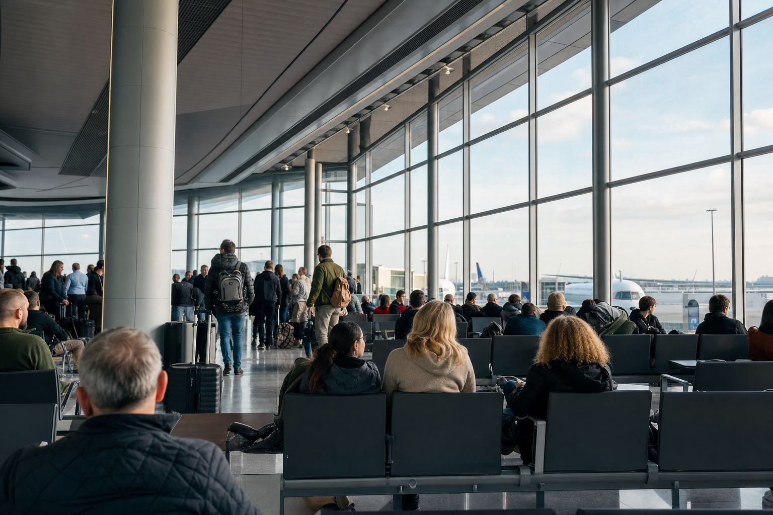 Passengers waiting at a European airport terminal