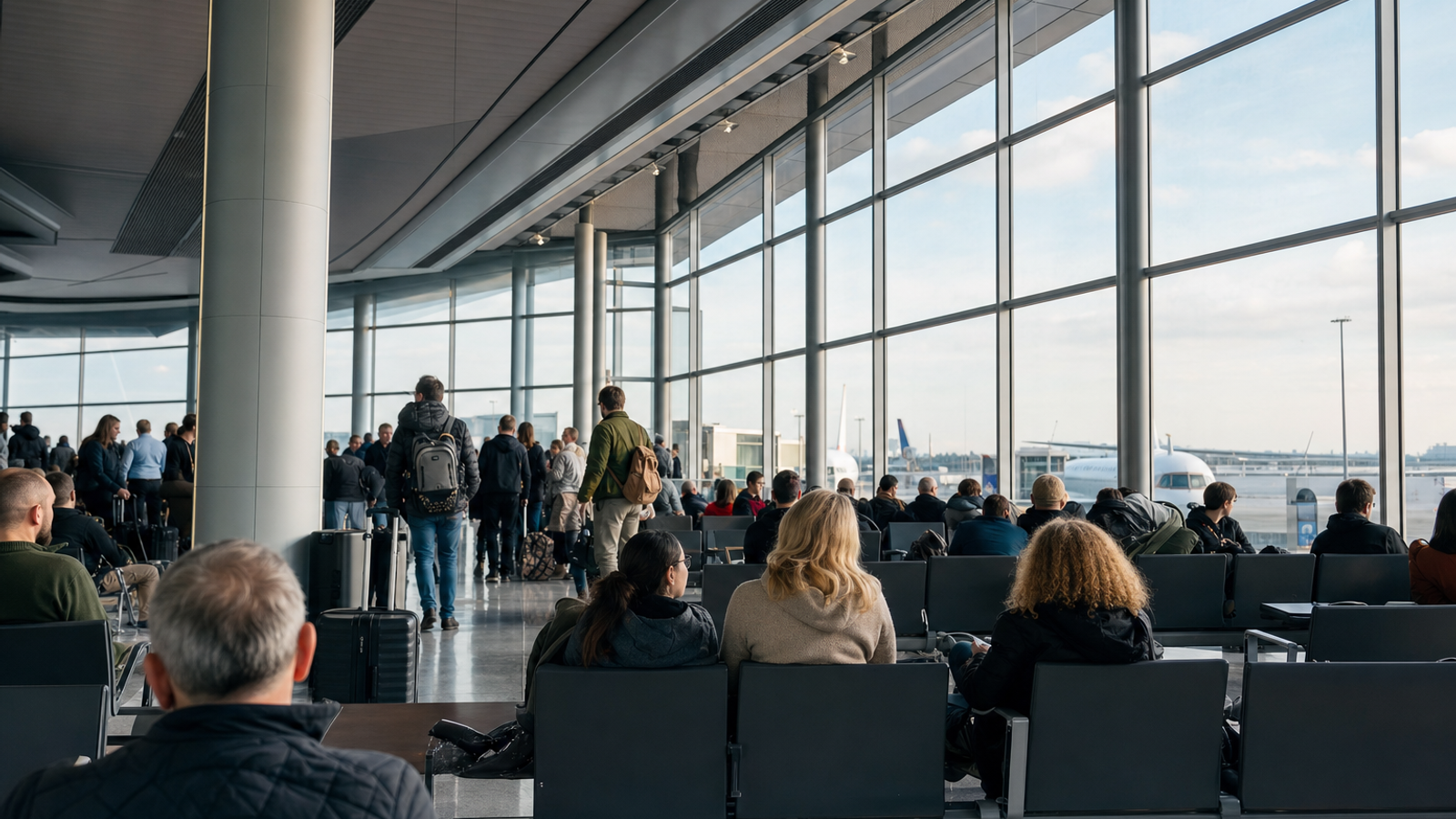 Passengers waiting at a European airport terminal