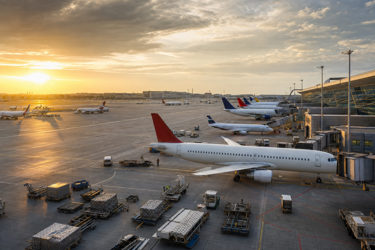 A bustling European airport terminal with international aircraft