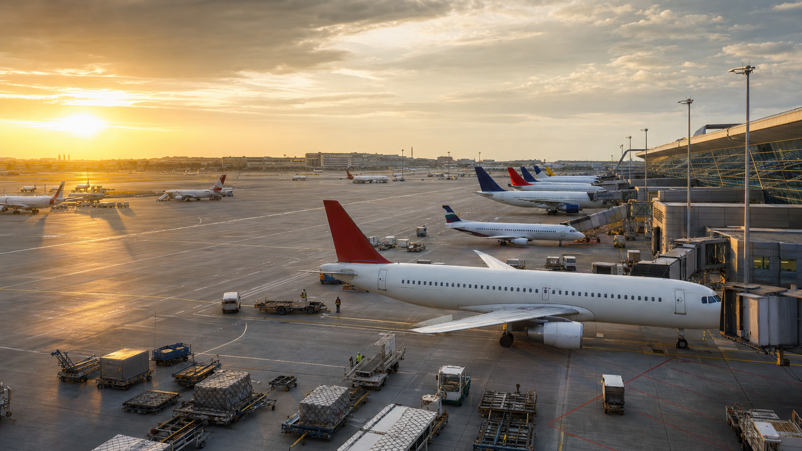 A bustling European airport terminal with international aircraft