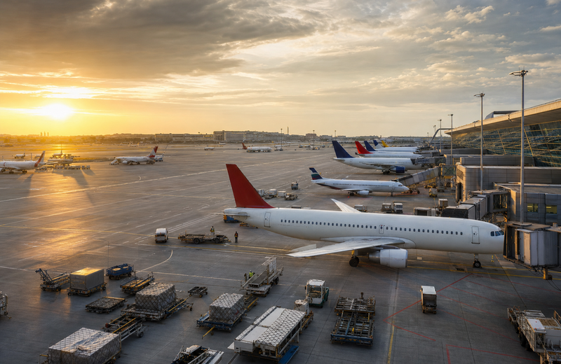 A bustling European airport terminal with international aircraft