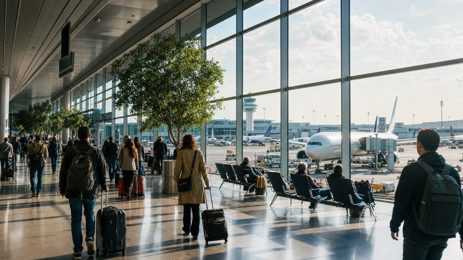 Călători într-un terminal aglomerat de aeroport european