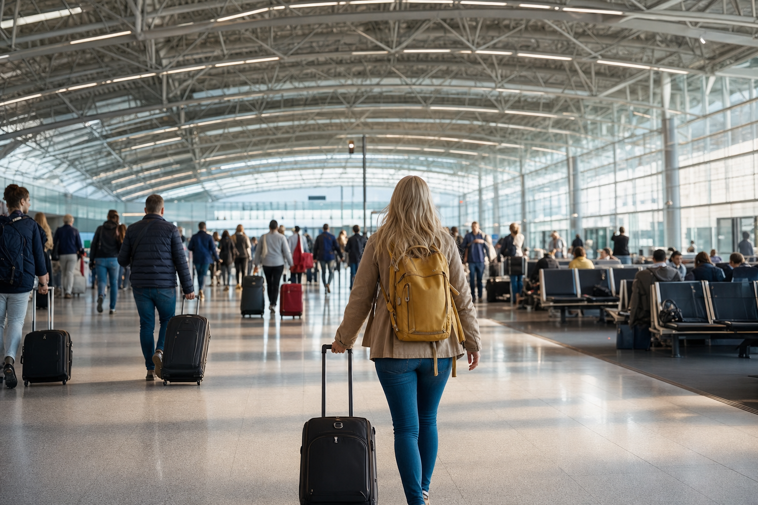 European airport terminal with travelers