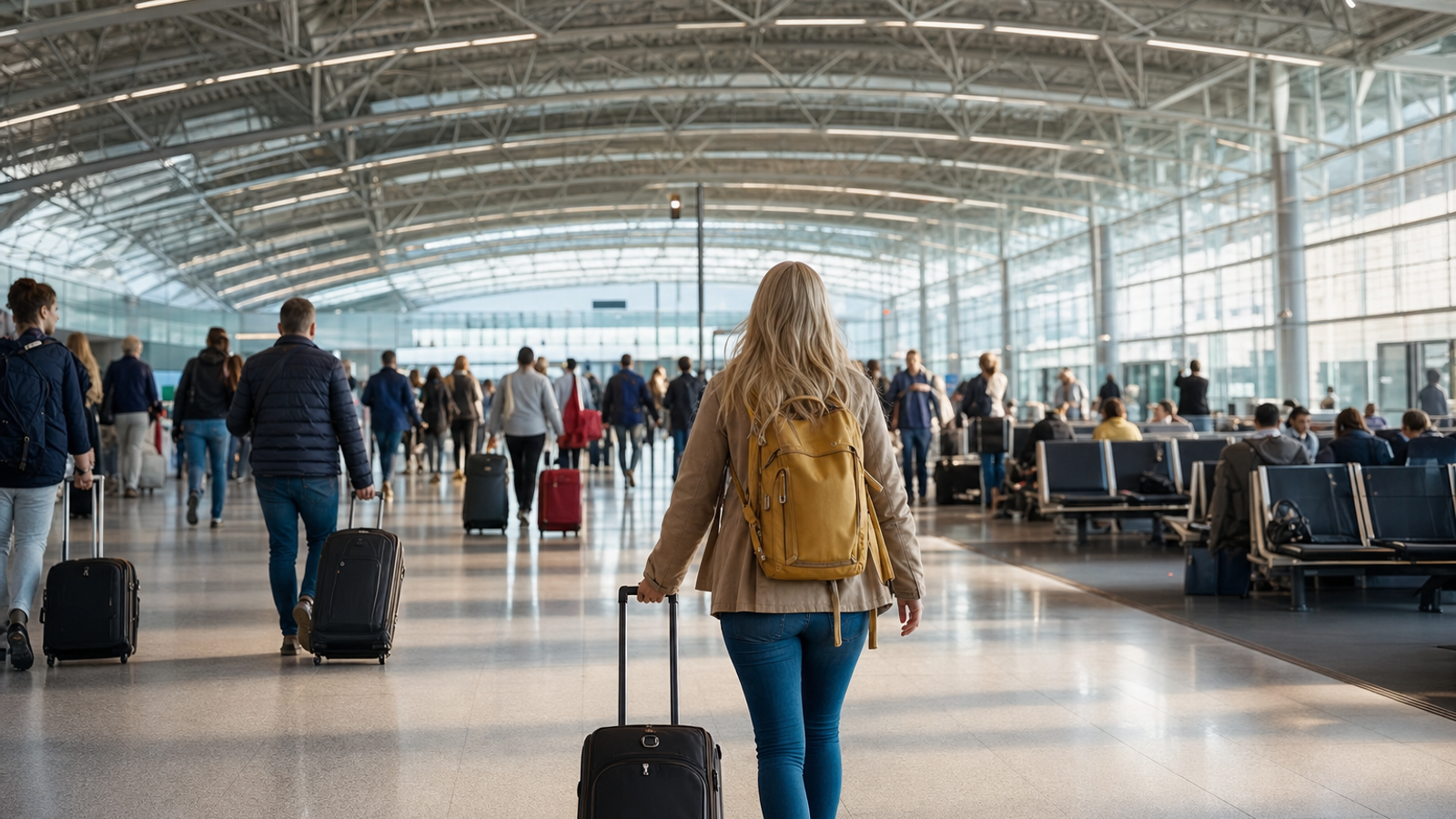 European airport terminal with travelers