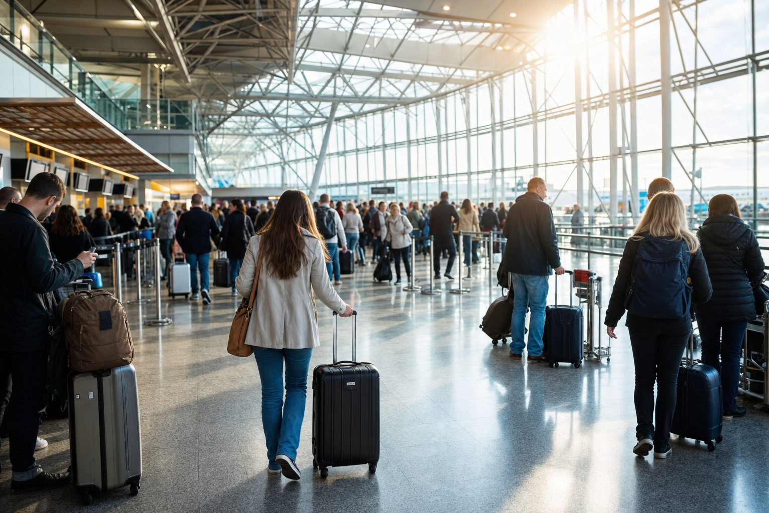A busy European airport terminal with passengers