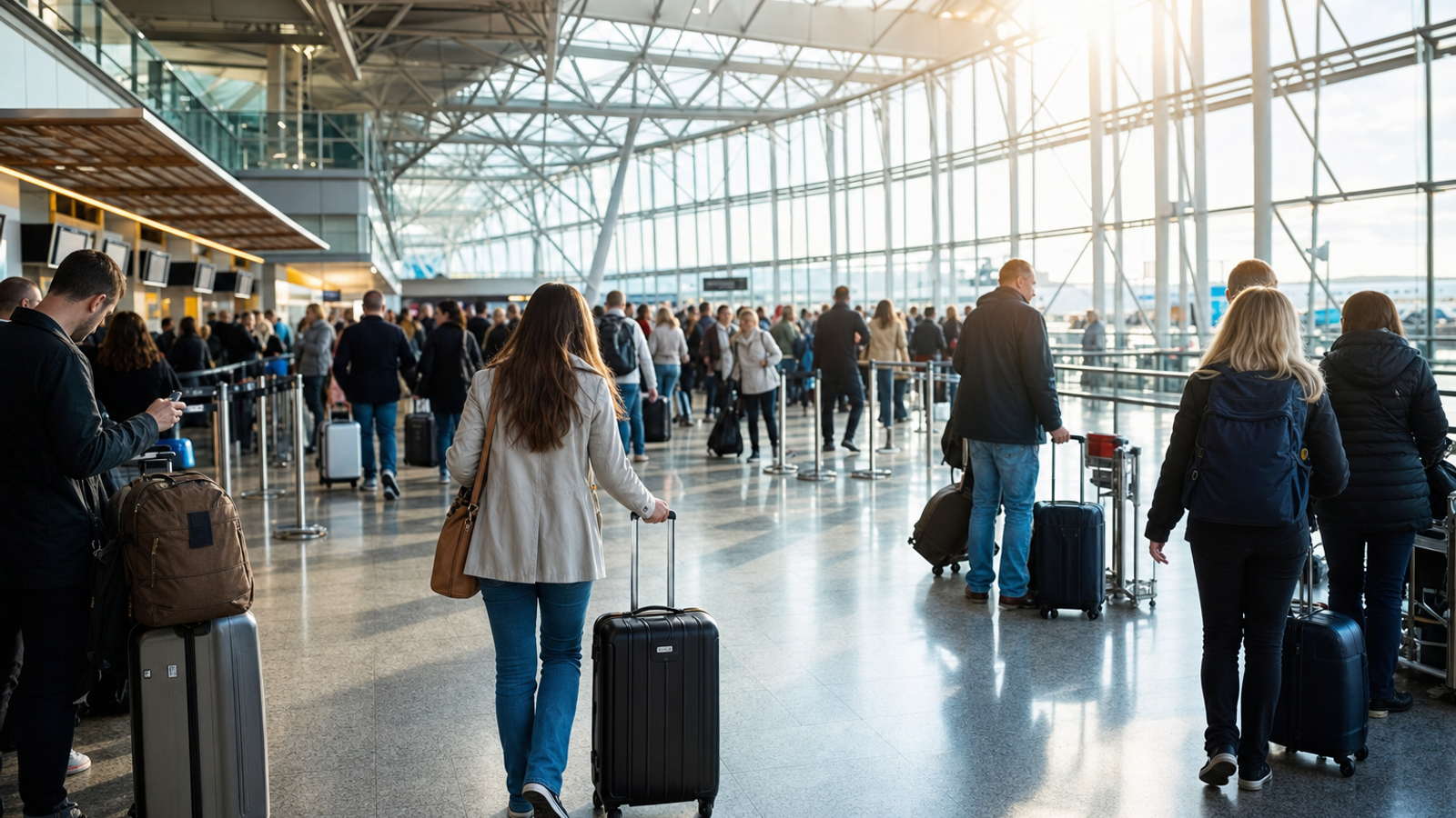 A busy European airport terminal with passengers