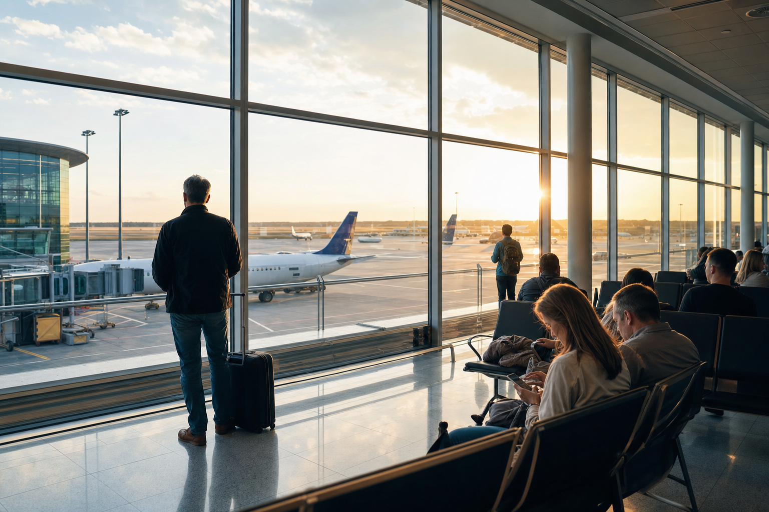Passengers waiting at a European airport terminal with airplanes visible outside