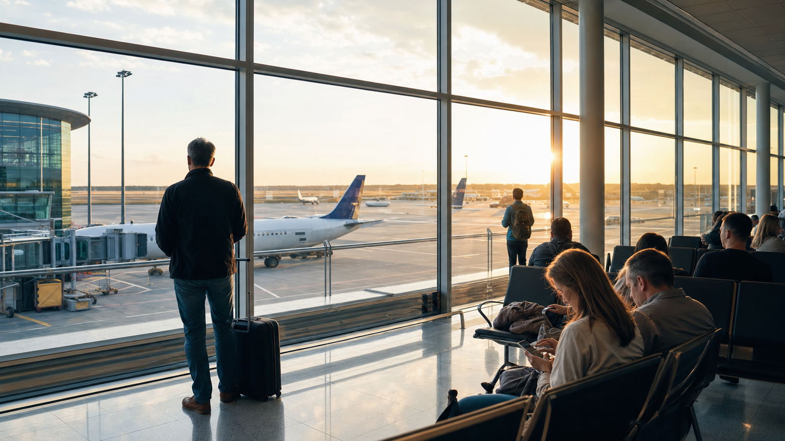 Passengers waiting at a European airport terminal with airplanes visible outside