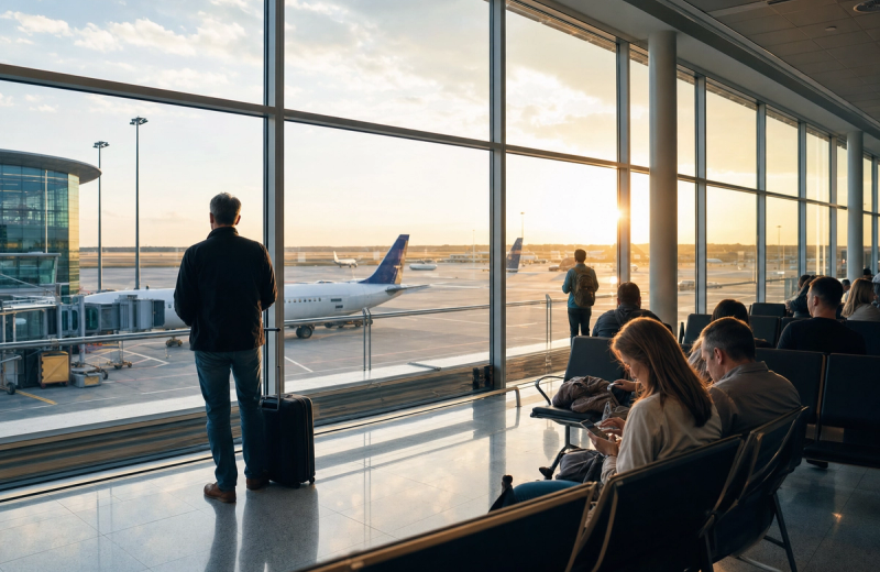 Passengers waiting at a European airport terminal with airplanes visible outside