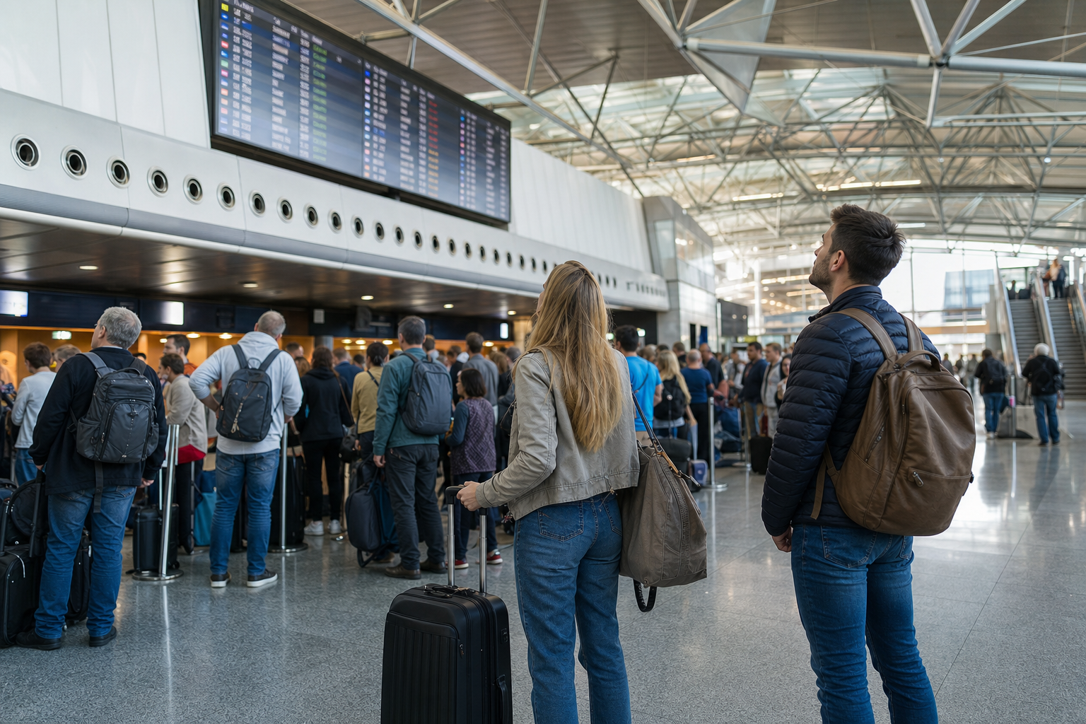 Passagiere überprüfen den Flugstatus in einem europäischen Flughafenterminal