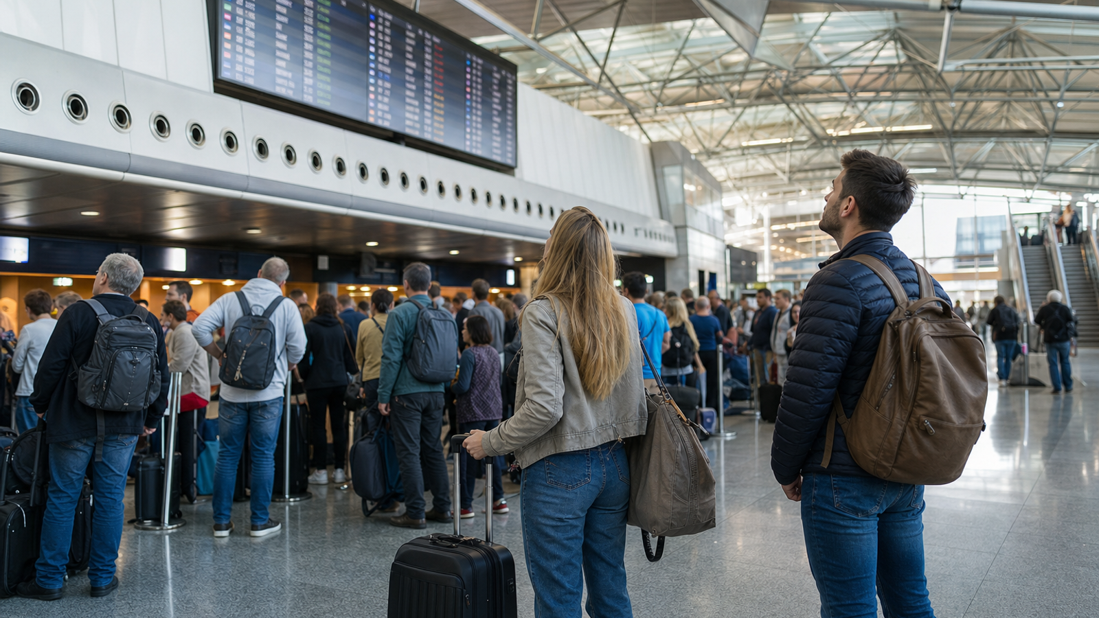 Passengers checking flight status in a European airport terminal