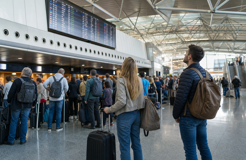 Passagiere überprüfen den Flugstatus in einem europäischen Flughafenterminal