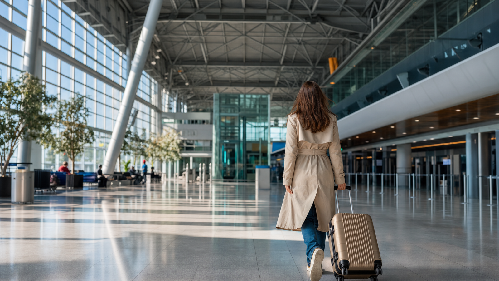 Pasageri așteptând într-un terminal de aeroport european