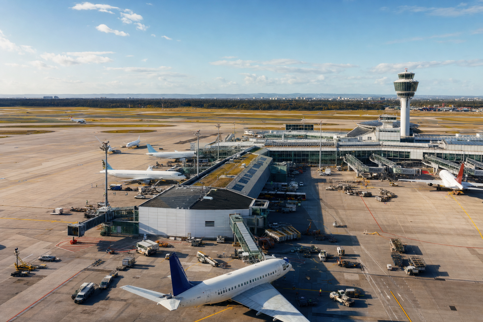 European airport bustling with aircraft