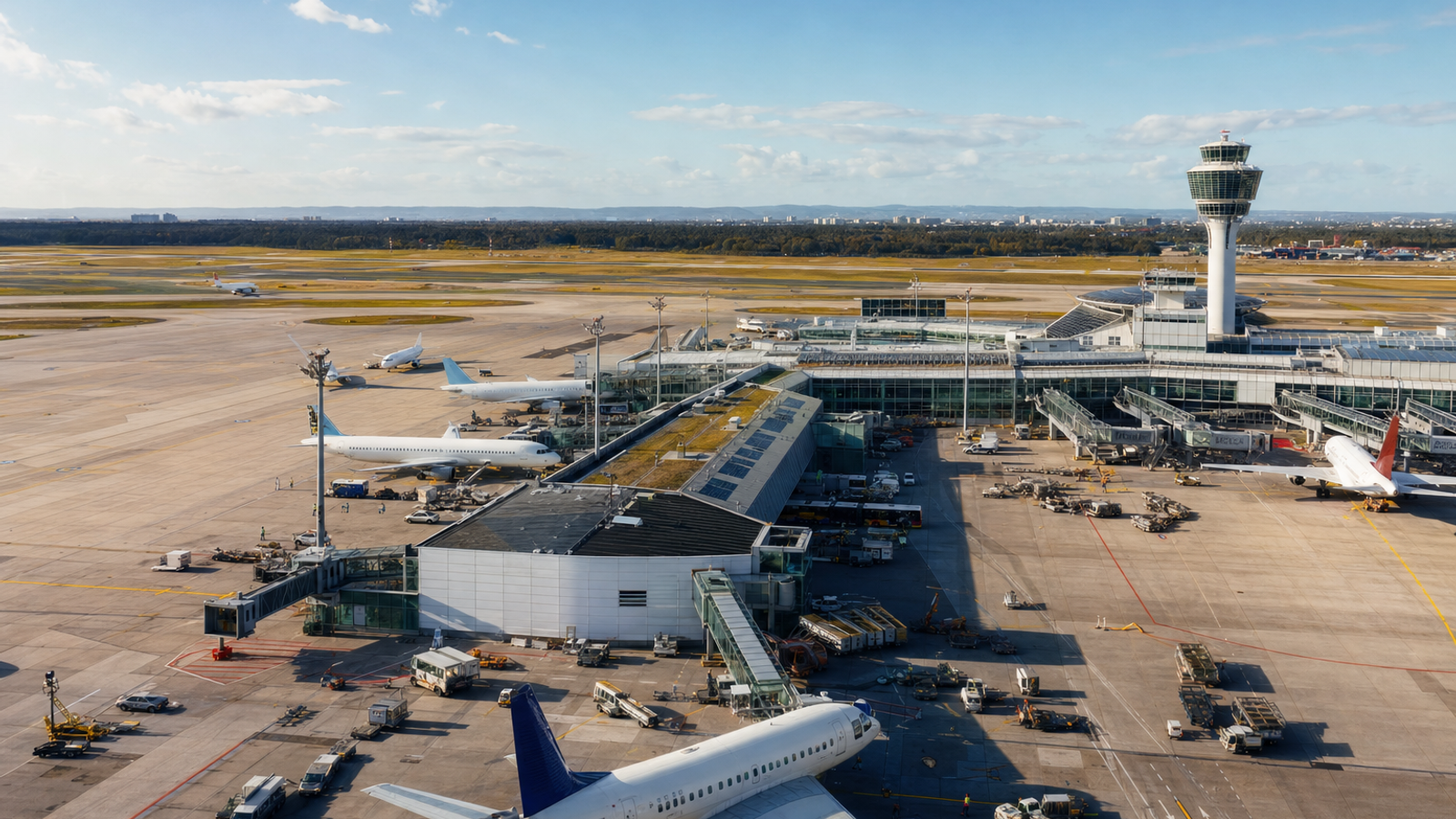 European airport bustling with aircraft
