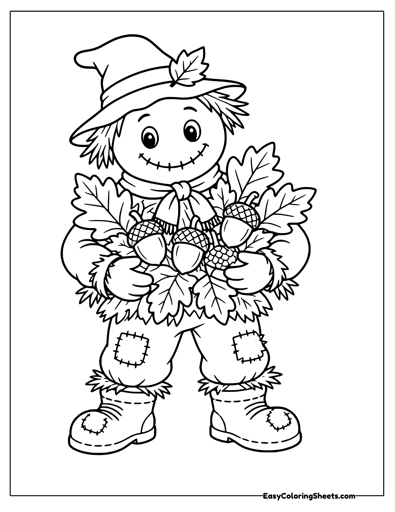 Scarecrow holding an armful of autumn leaves