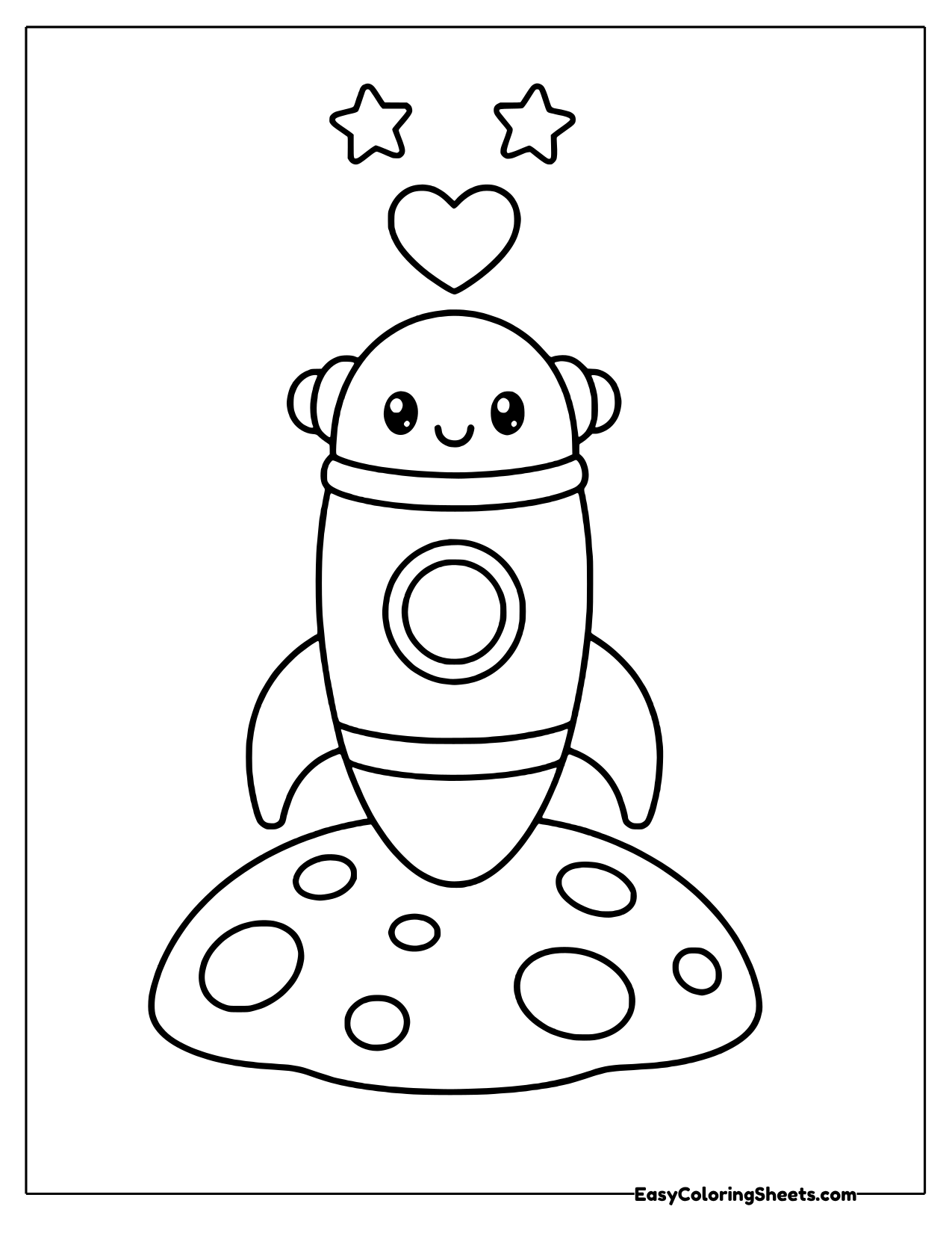 A friendly round satellite with a smiling face rides on top of a small rocket standing on a cratered moon surface.