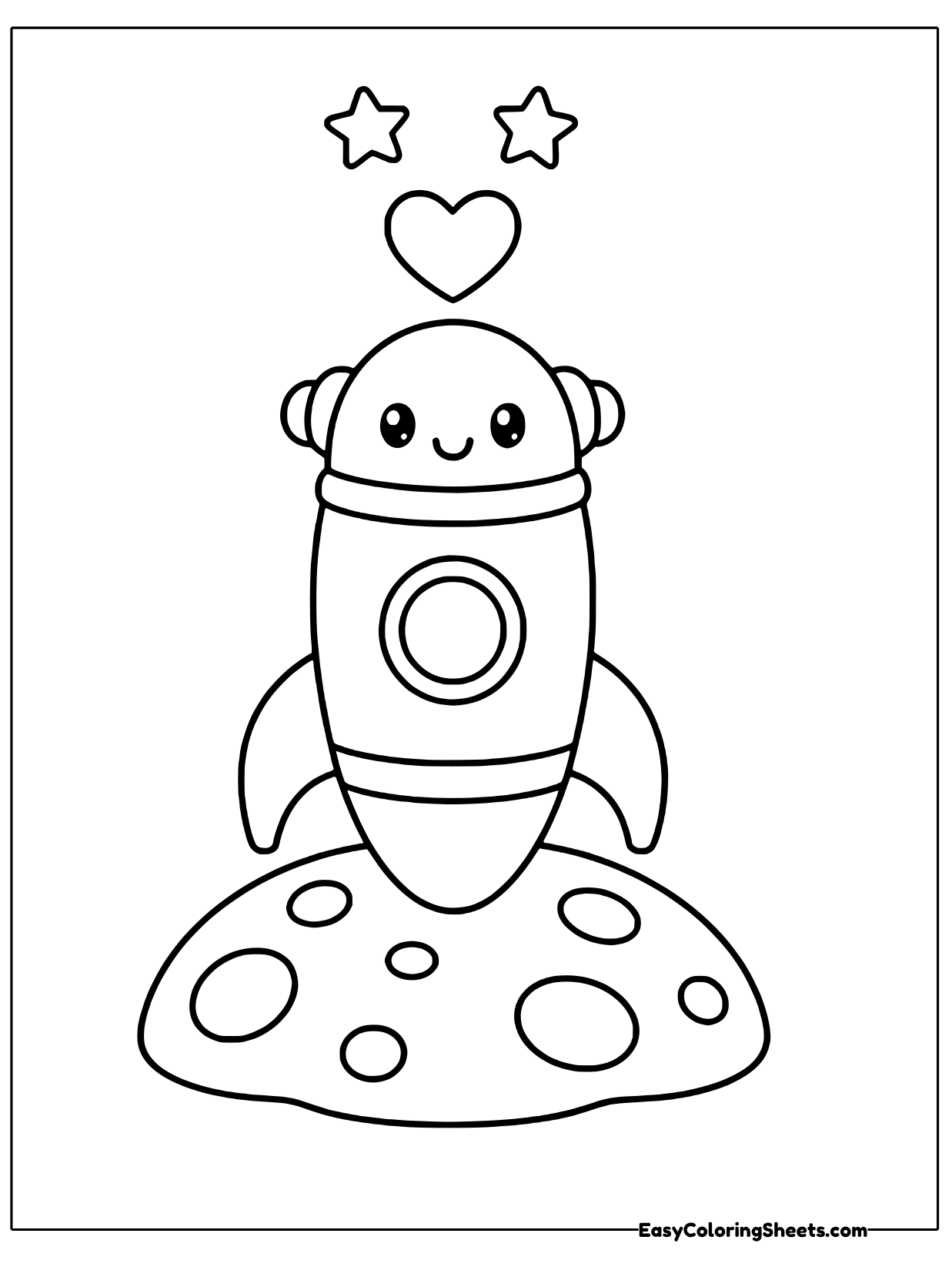 A friendly round satellite with a smiling face rides on top of a small rocket standing on a cratered moon surface.