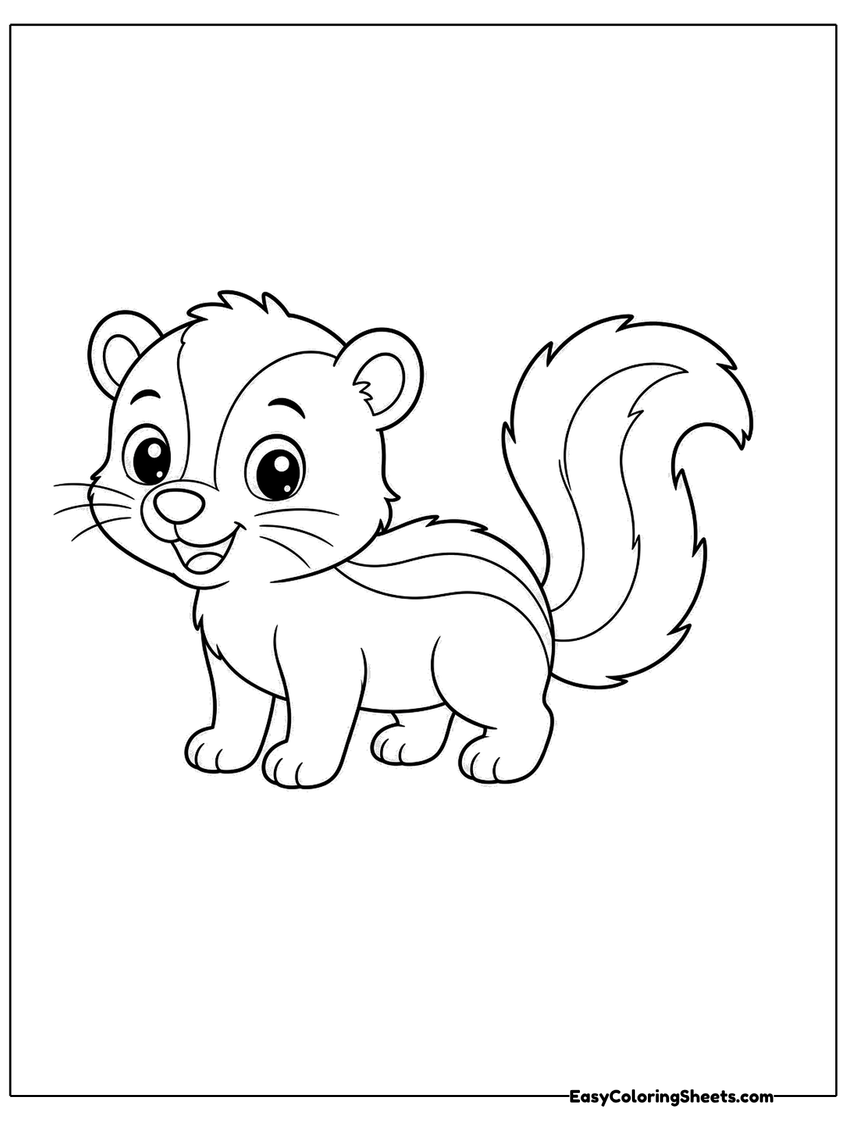 A tiny skunk with big shiny eyes stands on four paws, its bushy tail curling up behind.