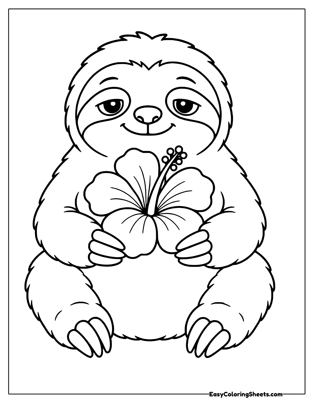 Sloth holding a large hibiscus flower