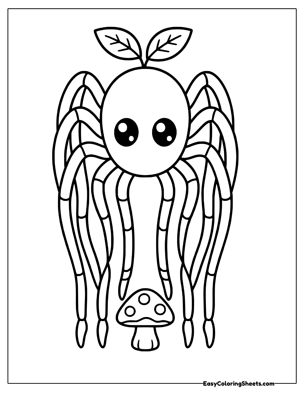 Tall spider with long legs tucked beside a mushroom